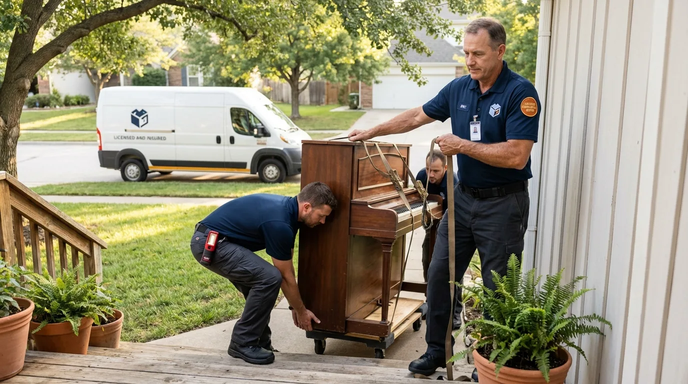 Licensed piano movers securing grand piano in Manhattan, KS